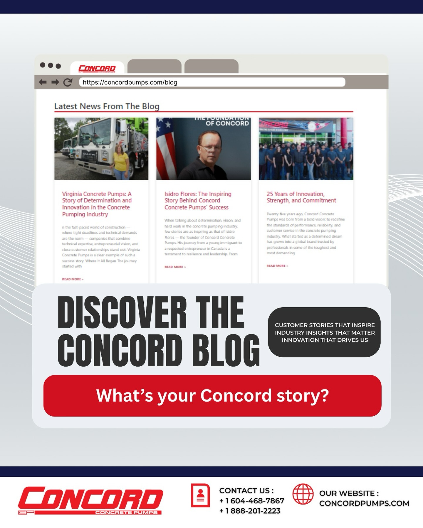 We’re excited to announce that our brand-new website now features a dedicated blog space — created to connect, inspire, and share knowledge with the concrete pumping community.
On the Concord Blog, you’ll find:
✅ Inspiring customer success stories
✅ Industry insights and trends
✅ Innovations that keep concrete pumping moving forward
But this space is also about you.
💡 Do you have a unique project with Concord pumps? A story worth sharing? We’d love to feature it!
👉 Send your story to marketing@concordpumps.ca
and let’s inspire the industry together.
💻 Explore the new website and discover all updates: www.concordpumps.com
#ConcordConcretePumps #ConcordBlog #ConcretePumping #Innovation