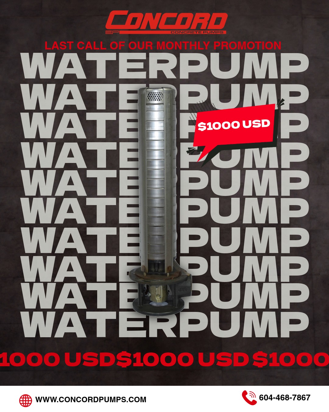🚨 LAST CALL OF THE MONTH 🚨
Take advantage of our monthly promotion on the Water Pump from Concord Concrete Pumps.
💥 Special Price: $1,000 USD
Limited stock available for a limited time only.
Don’t miss this opportunity to keep your concrete pump running at peak performance.
👉 Call us today or visit concordpumps.com
#monthlypromotion
#concretepumpparts #constructionequipmentforsale #PumpMaintenance