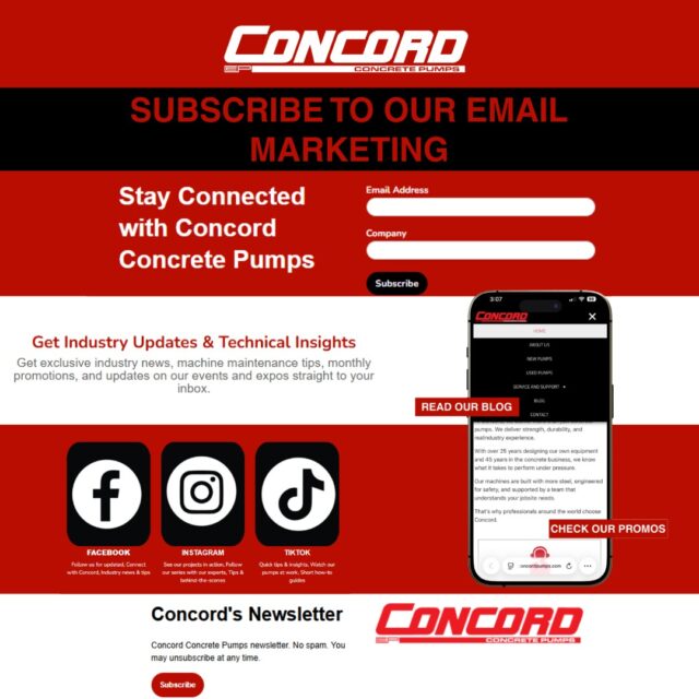 🚨 Stay ahead of the concrete pumping industry.

Join the Concord Concrete Pumps Newsletter and get exclusive access to maintenance tips from our experts, product updates, industry news, monthly promotions, and event announcements—all delivered straight to your inbox.

No spam. Just valuable content for concrete pumping professionals who want to stay informed and keep their equipment performing at its best.

📩 Subscribe today—link in bio.
#construction #concrete #concretepumps #concord