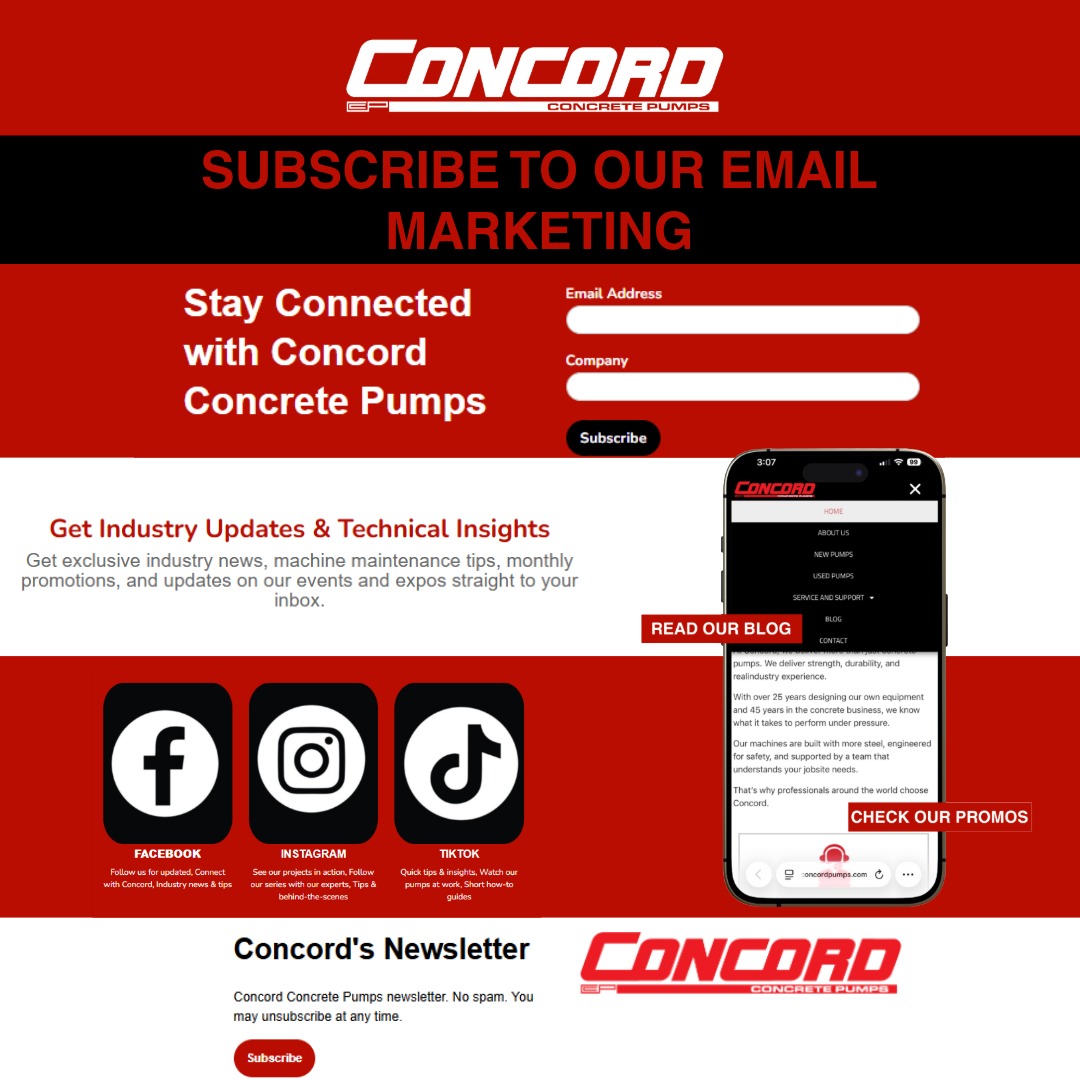 🚨 Stay ahead of the concrete pumping industry.

Join the Concord Concrete Pumps Newsletter and get exclusive access to maintenance tips from our experts, product updates, industry news, monthly promotions, and event announcements—all delivered straight to your inbox.

No spam. Just valuable content for concrete pumping professionals who want to stay informed and keep their equipment performing at its best.

📩 Subscribe today—link in bio.
#construction #concrete #concretepumps #concord